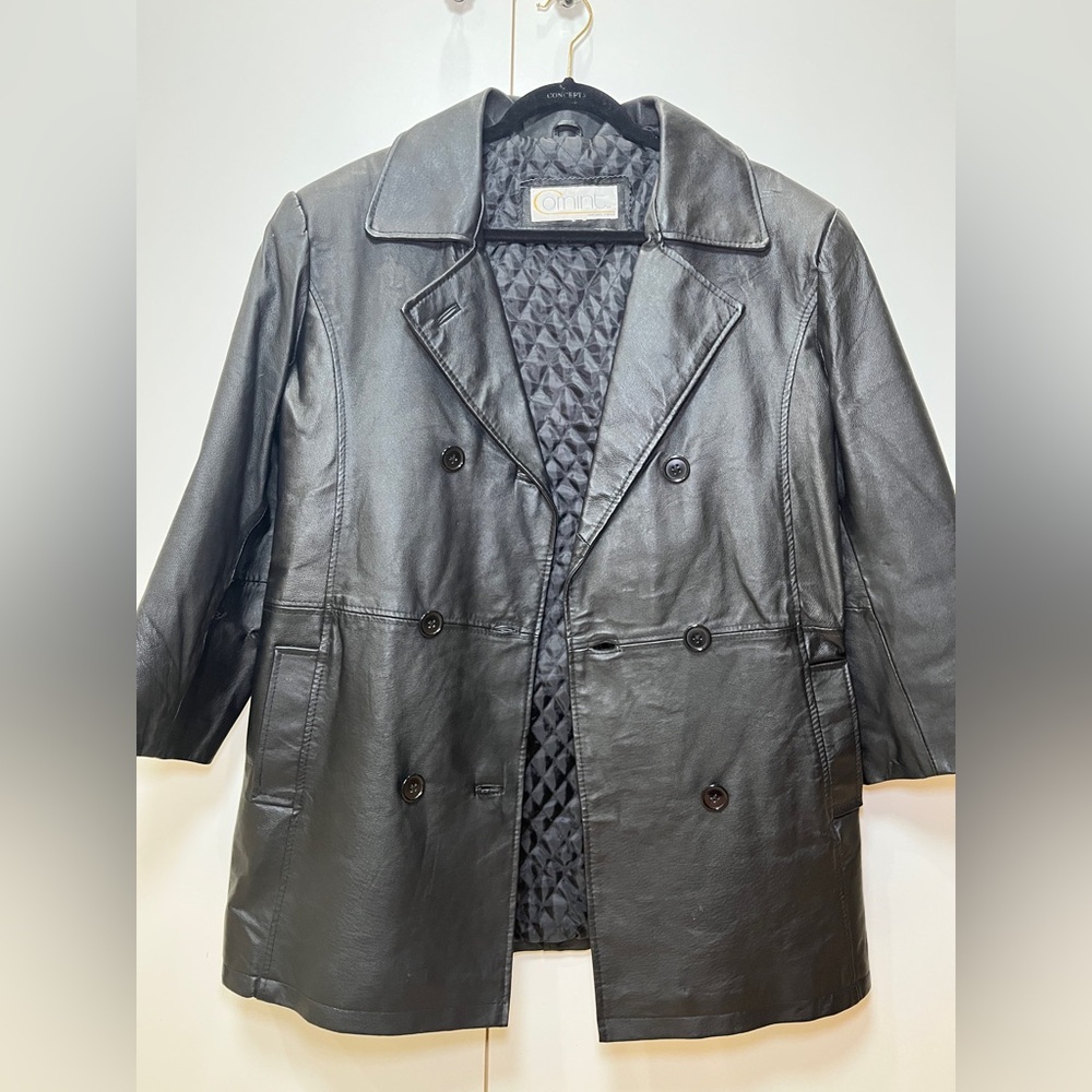 Vintage Black Leather Double-Breasted Coat